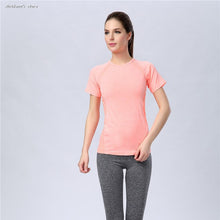 Load image into Gallery viewer, 2016 Women Sports Folding Dew Back Spandex T-Shirt Fitness Running Yoga Gym Body Building Tops Tees Anthena Cat Activewear