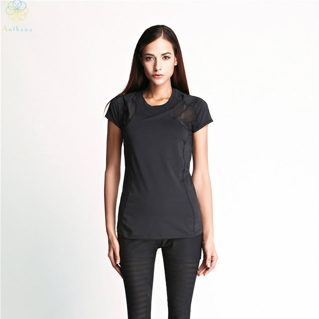 2016 Women Split Joint Gauze Sexy Sports Tops Tees Running Clothing Gym Fitness Yoga Translucent Matt Material Black Cat T-Shirt
