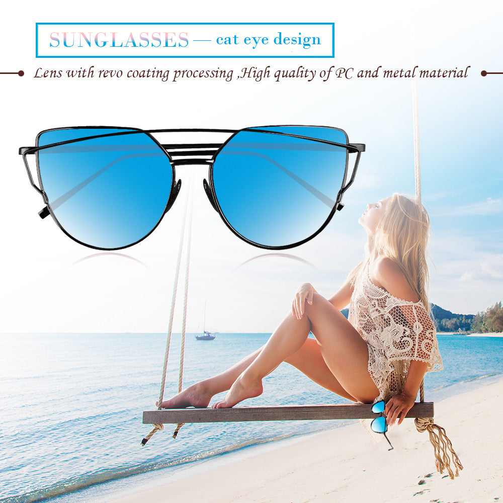 Fashionable Cat Eye Women Sunglasses Metal Frame UV400 Flat Mirrored Lens Day Vision for Outdoor Sport Cycling Traveling Fishing Hiking Camping