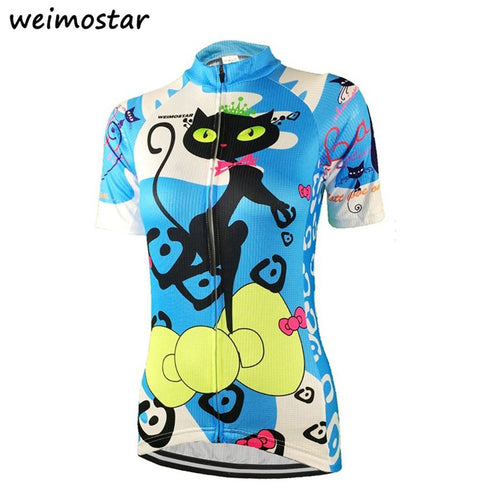 Weimostar Women Mountain MTB Bike Jersey Top Cycling Lady Bike Jersey Short Sleeve Girl Clothes Bicycle Clothing Blue Cat