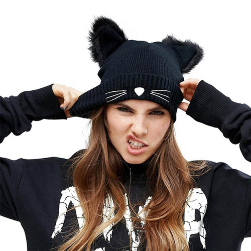Women Outdoor Climbing Cap Winter Harajuku Devil Horns Cat Ear Crochet Braided Knit Novelty Girls Hat
