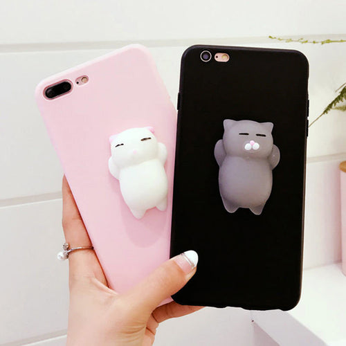 Swimming Bag Silicone Phone Case 3D Cartoon Squishy Cat Pinch Poke Stress Relievers Case Cover for iPhone 6 6S 7 Plus 5 5S