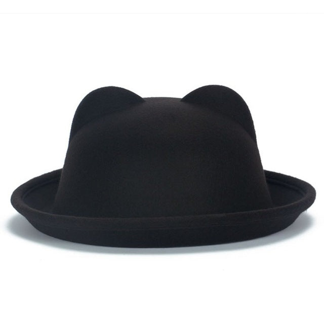 Ear Beach Cap Outdoor Vogue Women Lady Wool Horn Parent-Child Bowler Fedora Hats Derby Cat