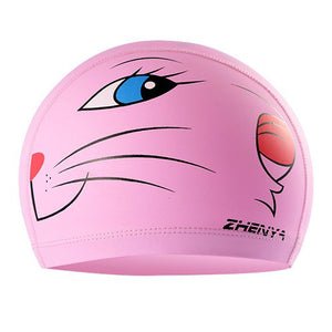 PowerPai Swimming Cap Children Waterproof PU for boys girls Comfortable Dolphine Cat Cartoon Swimming Pool Training Bathing Hood