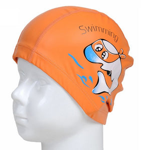 PowerPai Swimming Cap Children Waterproof PU for boys girls Comfortable Dolphine Cat Cartoon Swimming Pool Training Bathing Hood