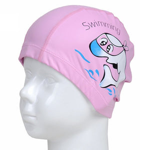 PowerPai Swimming Cap Children Waterproof PU for boys girls Comfortable Dolphine Cat Cartoon Swimming Pool Training Bathing Hood