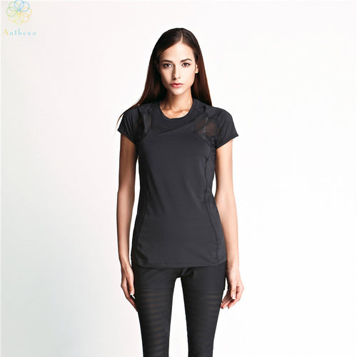 2016 Women Split Joint Gauze Sexy Sports Tops Tees Running Clothing Gym Fitness Yoga Translucent Matt Material Black Cat T-Shirt